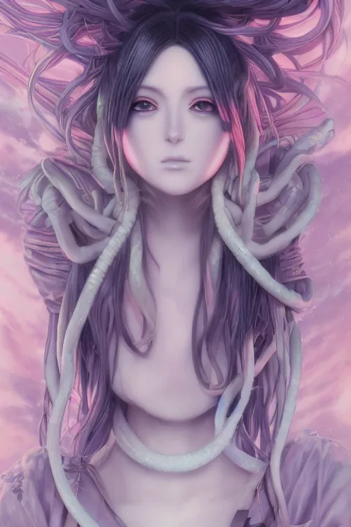 Image similar to portrait of an anime manga girl with white snake dreads, straight on portrait, by artgerm, james jean, tom bagshaw, gerald brom, vaporwave colors, lofi colors, vaporwave, lofi, goth vibe, 4 k, smooth, hd, substance designer render, full body character concept art, symmetrical,