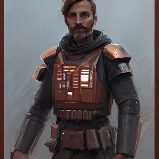 Image similar to portrait of a man by greg rutkowski, a jedi commander, british features, short copper hair, straight jaw, wise appearance, wearing the tactical gear of the galactic alliance, star wars expanded universe, he is about 4 0 years old, highly detailed portrait, digital painting, artstation, concept art, smooth, sharp foccus ilustration, artstation hq