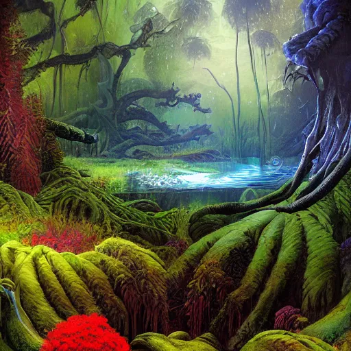 Image similar to digital painting of a lush wet natural scene on an alien planet by gerald brom. digital render. detailed. beautiful landscape. colourful weird vegetation.