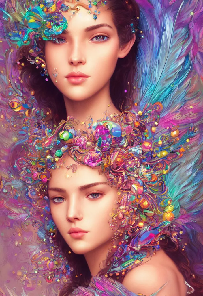 Image similar to beautiful, young woman, detailed gorgeous face, vaporwave aesthetic, synthwave, colorful, psychedelic, water droplets, feathers, crown, artstation, concept art, smooth, extremely sharp detail, finely tuned detail, ultra high definition, 8 k, unreal engine 5, ultra sharp focus, illustration, art by artgerm and greg rutkowski and alphonse mucha