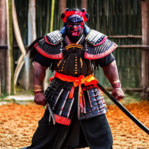 Image similar to big buff strong very buff samurai wearing an oni mask, movie still