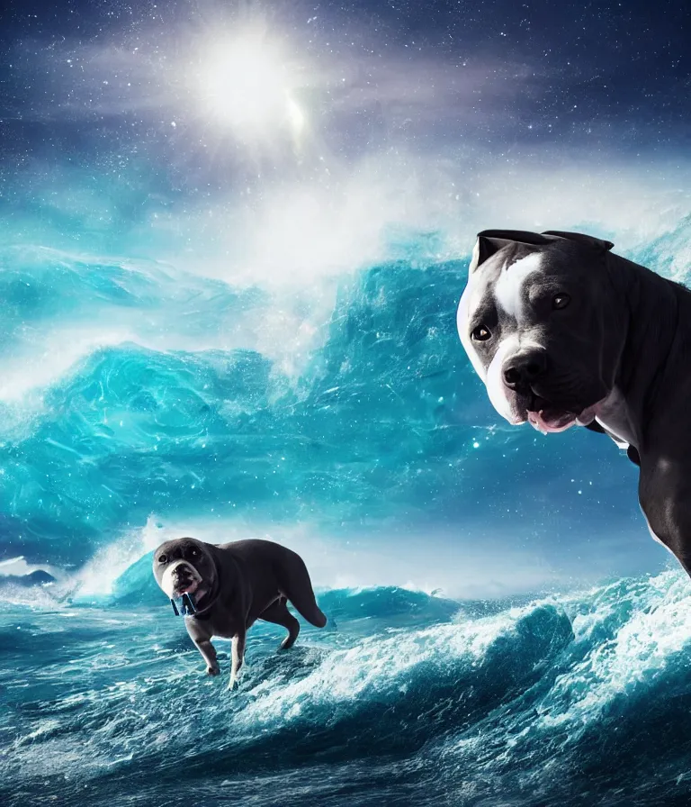 Image similar to photo of a dark gray coat pit bull with a white paws and a white nose!, surfing on a surfboard in a crashing wave of alien galaxy, trending on art station, ocean in space, background is an alien galaxy, aliens in the background, alien colors, octane render, unreal engine, wide view, 8 k, highly detailed