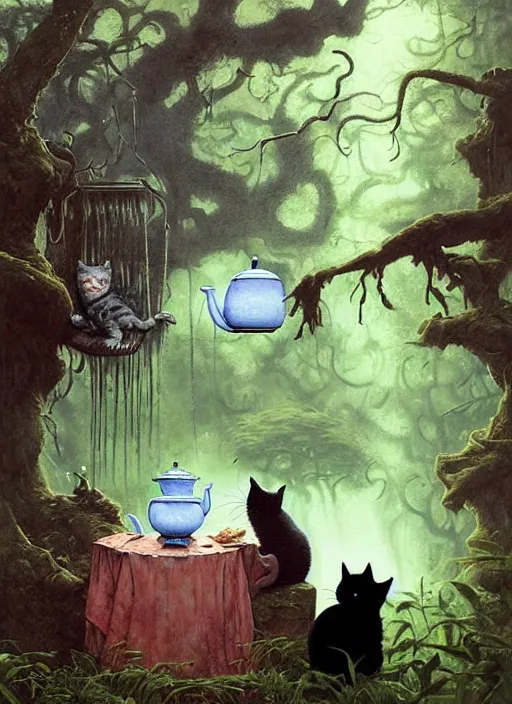 Image similar to cat having tea with a sorceress at a shrine in the woods by a stream, river gorgeous lighting, lush forest foliage blue sky a hyper realistic painting by chiara bautista and beksinski and norman rockwell and greg rutkowski weta studio, and lucasfilm