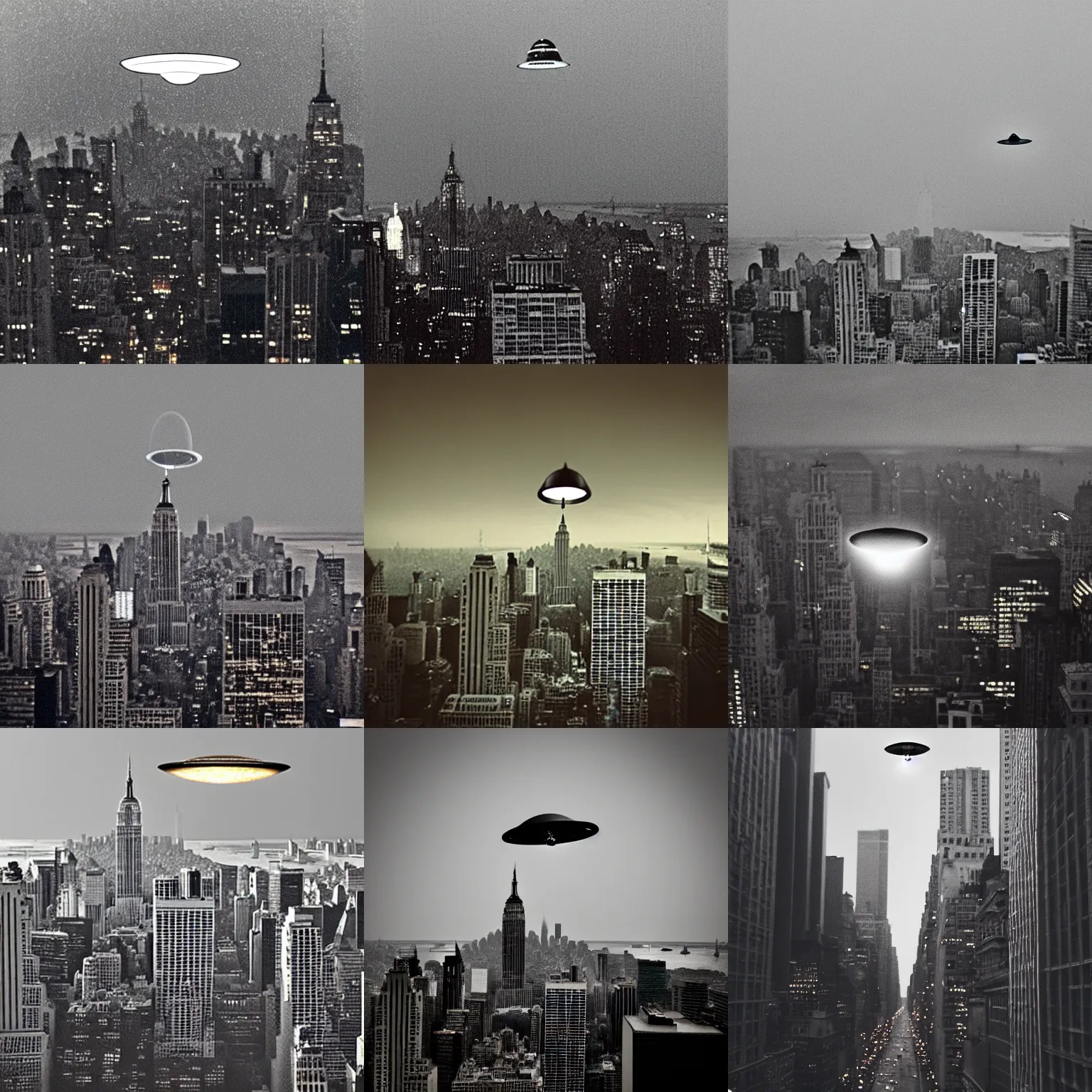 Prompt: an aged photo of a tiny ufo flying above new york city, gloomy, grainy