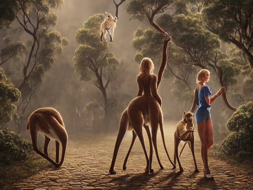 Image similar to taylor swift walking a kangaroo in the style of michael cheval, 4 k, hyper detailed, trending on artstation, photorealistic, volumetric lighting, octane render,