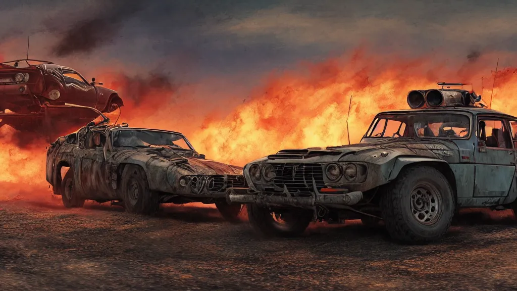 Image similar to illustration of mad max's fj 4 0 pursuit special, the last v 8 interceptor driving down to the gates of valhalla highway, fury road, eternal shiny and chrome, world of fire and blood, by makoto shinkai, ilya kuvshinov, lois van baarle, rossdraws, basquiat, studio ghibli, global illumination ray tracing hdr