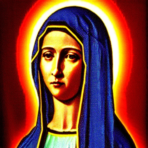 Image similar to vhs static overlay of virgin mary, vhs, 1 9 9 0, highly realistic, highly detailed