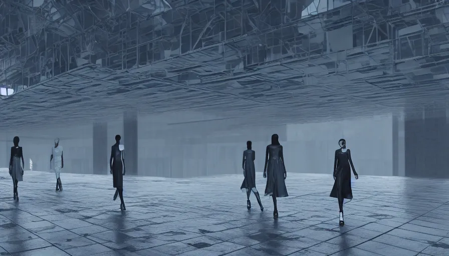 Prompt: Fashion Catwalk!! on a brutalist platform in an Angelic Floating City in the Clouds, Hyperrealistic, Intricate Details, Raytracing, Volumetric Lighting, Lightshafts, Smooth Gradients, Unreal Engine 5, Photorealism, Concept Art