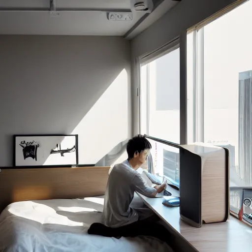 Prompt: small room in tokyo, window open, dawn, young man sitting at computer, walls covered with anime posters, lots of appliances on shelves, small bed not made, photo realism, poster art, hyper details, soft light, soft shadows, blurred photo