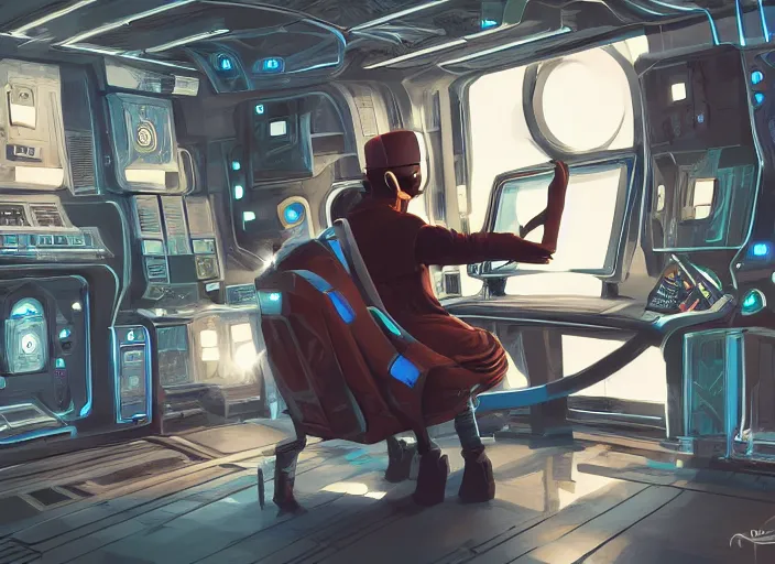 Prompt: a man sitting on a chair with things attached to his head, screens and monitors in front of him playing videos, ship interior, narrow hallway, scifi colors, dramatic lighting, dark, spotlight, surreal, by rutkowski, fuji choko, magali villeneuve