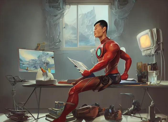 Image similar to an insanely detailed painting of an asian man wearing a homemade superhero costume, sitting at a desk, staring seriously at the computer and typing, in the style of peter mohrbacher, james jean, artgerm, dramatic lighting and composition, surreal background, octane render, pixar, trending on artstation, concept art, comic book, view from behind, 8 k