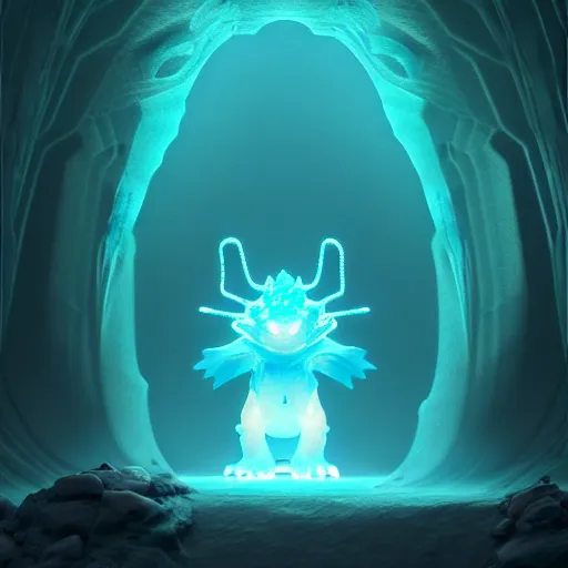 Prompt: ( ghost pokemon ) creature creature in a alaska cave, bioluminescent bioluminescent translucent translucent : : by michal karcz, daniel merriam, victo ngai and guillermo del toro : : ornate, dynamic, particulate, intricate, elegant, highly detailed, centered, artstation, smooth, sharp focus, octane render, 3 d