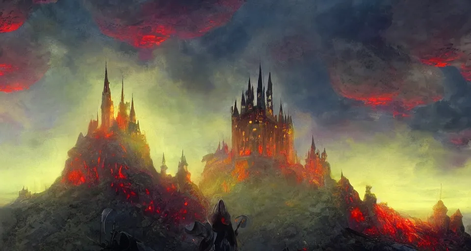 Image similar to happy disney castle rising up from the mist in the morning silhouetted by a single huge blood, anders zorn, thomas kincade, trending on artstation, lava, dungeons and dragons, saturated colors, fun, happy, colorful