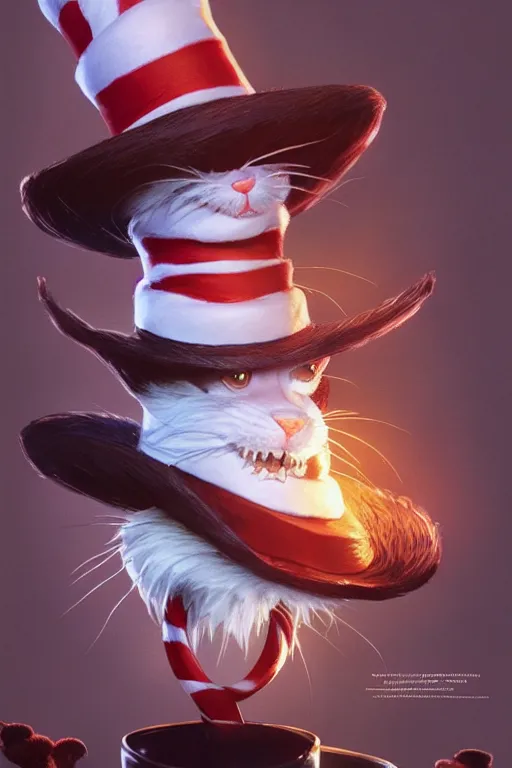 Image similar to complex 3 d render, hyper detailed, ultra sharp, of the cat in the hat, scary, cinematic, natural soft light, rim light, art by greg rutkowski and artgerm and moebius, dr seuss