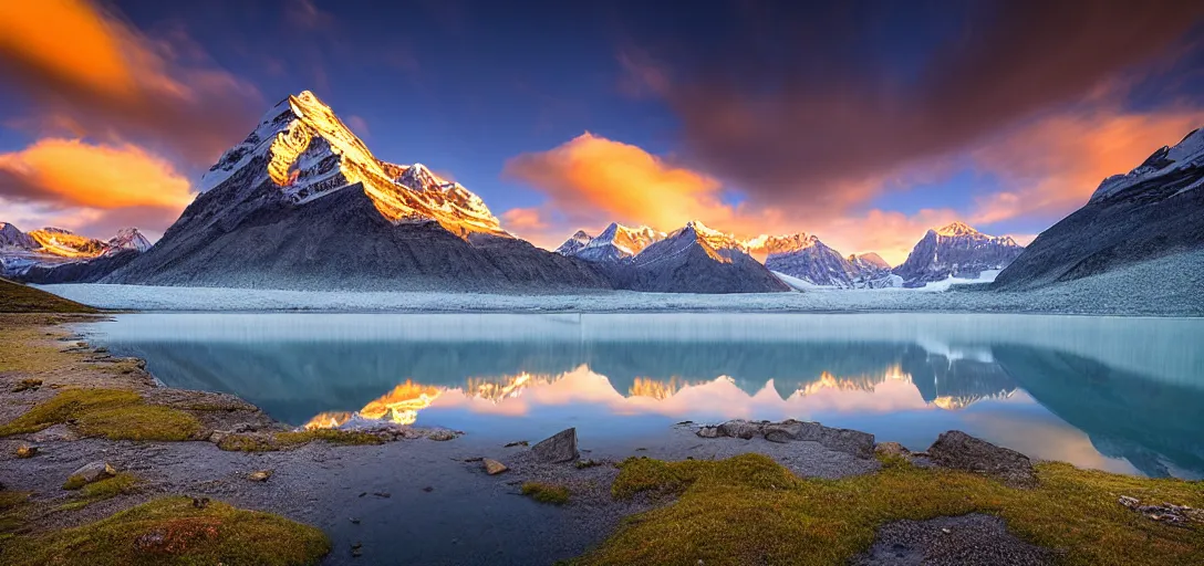 Prompt: landscape photography by marc adamus, a glacial lake, mountains, sunset, dramatic lighting, glacial lake clouds, beautiful,