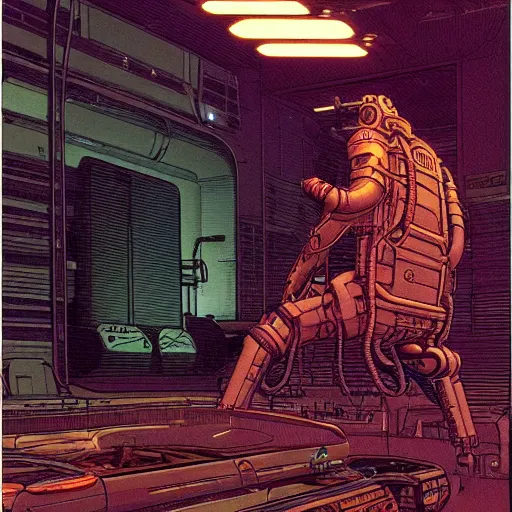 Prompt: Ghost in the machine by Moebius, cyberpunk, masterpiece