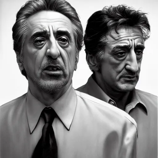 Prompt: al pacino and robert de niro, focused, mugshots, photoshoot, sharp details, face photo, face details sharp, by donato giancola and greg rutkowski and wayne barlow and zdzisław beksinski, eyeballs, product photography, action figure, sofubi, studio lighting, colored gels, colored background,