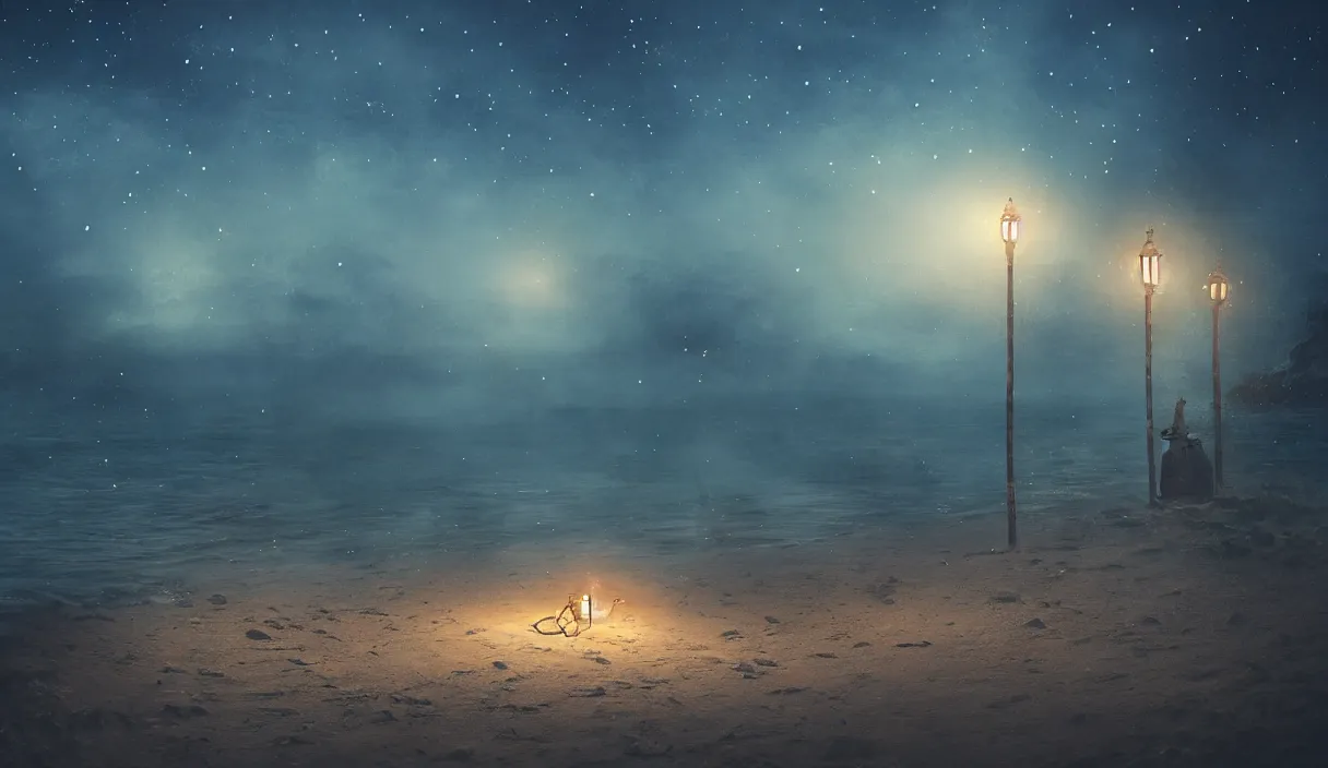 Image similar to beach at night, stars, torches, fireflies, bioluminescence, fire, fog, insane details, intricate, elite, ornate, elegant trend, highly detailed and intricate, sharp focus, photography, unreal engine, trending on artstation, photorealistic, octane, hyper detailed, trending on deviantart,