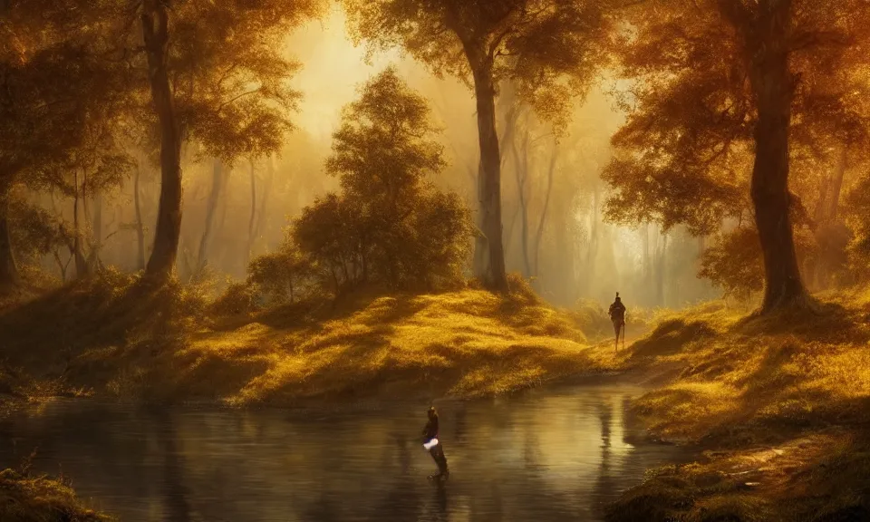 Image similar to Highly detailed 4K fantasy matte painting of an adventurer walking along the river bank in a forest during the golden hour in autumn, volumetric sun rays and dust, water reflection, in the style of Andreas Rocha and Greg Rutkowski