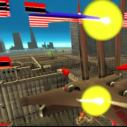 Image similar to a screenshot from the video game super 9 / 1 1, in which players control planes and intend to hit as many towers as possible, multiplayer party game, video game screenshot