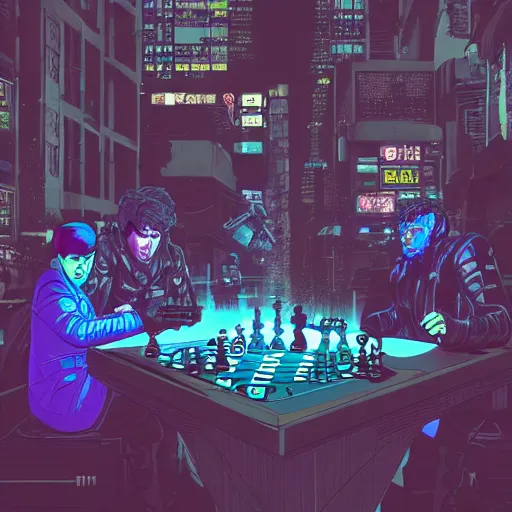 Image similar to high detailed replicants playing chess in a cyberpunk rainy city at night by josan gonzalez, purple and blue neons, unreal engine, high quality, 4 k, uhd, trending on artstation, wires, blade runner vibes, ghost in the shell, akira, dorohedoro