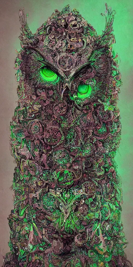 Image similar to intricate ornate of an owl with beautiful green eyes on a psychedelic journey, sacred, ethereal, Tsutomu Nihei, by Emil Melmoth, Zdzislaw Beksinski, yoji shinkawa, pete morbacher, hyper detailed, high detail, artstation, octane, unreal engine