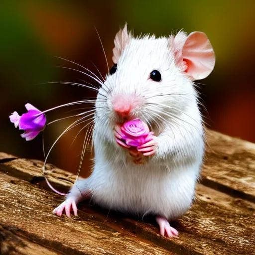 Prompt: photo realistic white rat holding a flower