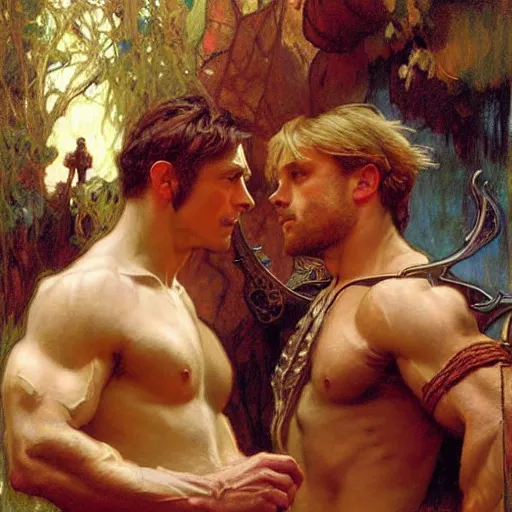 Image similar to attractive muscular arthur pendragon and muscular attractive merlin go to a pub together to have some drinks. highly detailed painting by gaston bussiere, craig mullins, j. c. leyendecker, alphonse mucha 8 k