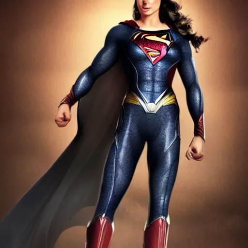 Prompt: an potrait of gal gadot cast of movie man of steel and wearing a superman suit, photorealistic high detail, full body shot, .