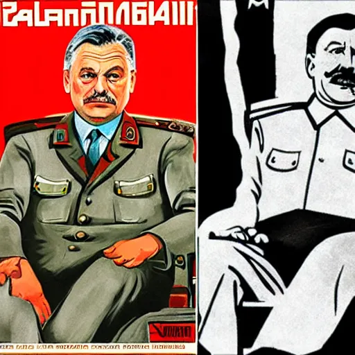 Image similar to hungarian prime minister viktor orban sitting in the lap of joseph stalin, soviet propaganda poster art from 1 9 5 0