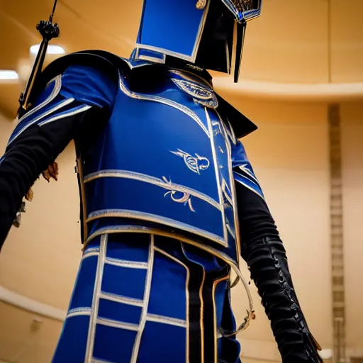 Image similar to low angle upper view of Austin Butler dressed in futuristic-baroque prussian blue duelist-garb and nanocarbon-vest and greaves with Griffin-Ram heraldry emblem, standing in an arena in Dune 2020, XF IQ4, f/1.4, ISO 200, 1/160s, 8K, RAW, unedited, symmetrical balance, face in-frame