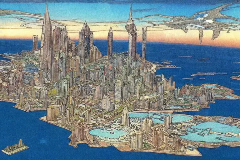 Image similar to a metropolis built on a island floating above the sea in the sky, waterfalls fall from the island into the sea, by moebius, colorful, highly - detailed, concept art