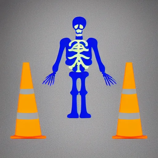 Image similar to a skeleton wearing a blue spendex suit with traffic - cones for hands