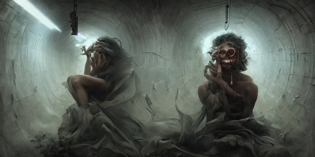 Prompt: hyperrealistic photorealist pose beautiful model god of languidity in a smoke tunnel, dramatic lighting, highly detailed, hyper detailed, 3 d render, hyper realistic detailed portrait, high face symmetry, peter mohrbacher, wlop, ruan jia