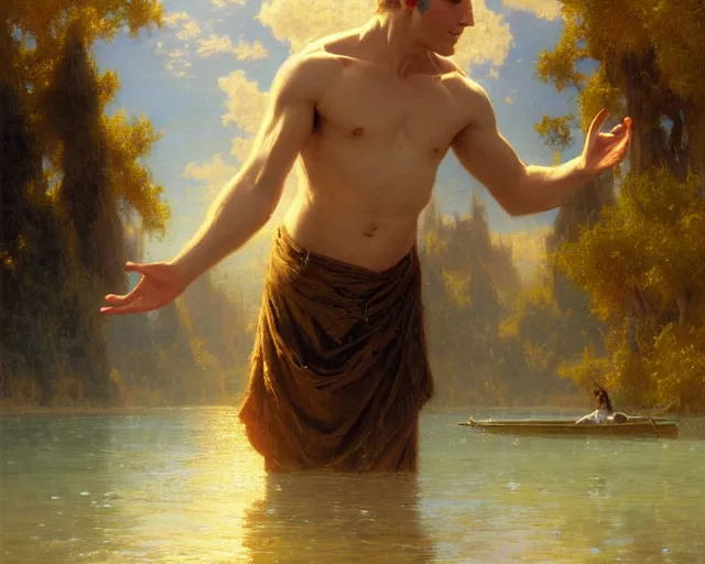 Image similar to attractive male wizard casting powerful wave water spell in a beautiful lake. highly detailed painting by gaston bussiere, craig mullins, j. c. leyendecker 8 k