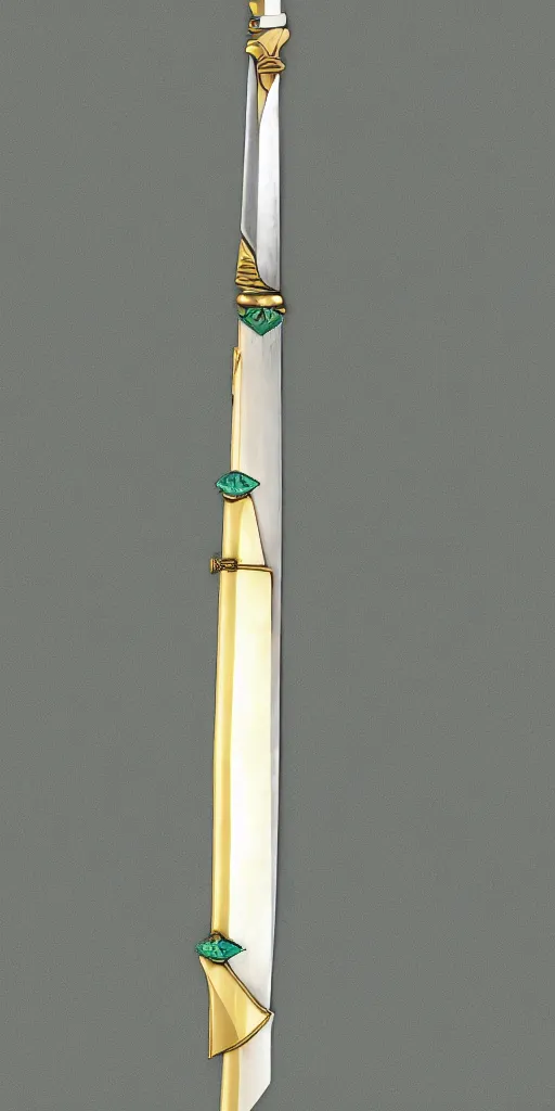 Image similar to photograph of a wide green and teal crystal sword blade attached to a big gold sword hilt