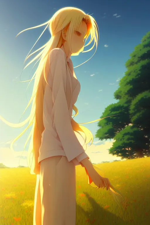 Prompt: anime art, anime key visual of elegant female, long blonde hair, finely detailed perfect face, standing in the grass at sunset, golden hour sunset lighting, background blur bokeh!!, trending on pixiv fanbox, art by studio ghibli, greg rutkowski,