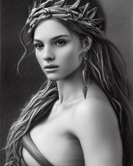 Image similar to pencil drawing of the very beautiful greek goddess aphrodite wearing a laurel wreath with arrowhead earrings, piercing eyes, beautiful flowing hair, hyper realistic face, in the style of greg rutkowski, fantasy, amazing detail, epic, elegant, smooth, sharp focus, young