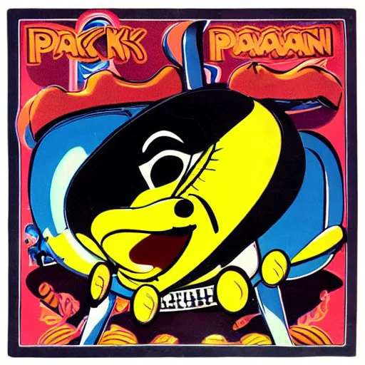 Prompt: packman as the beetles album cover, 7 0 s, acid