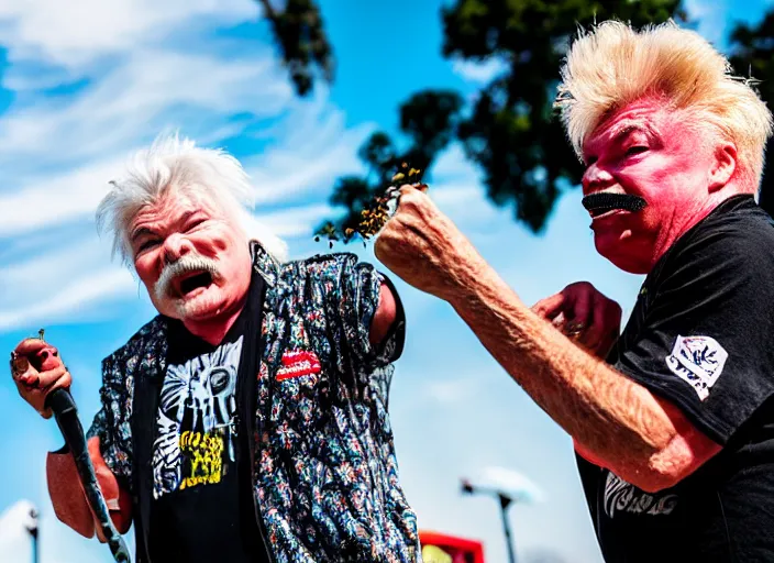 Prompt: photo still of rip taylor at vans warped tour!!!!!!!! at age 6 3 years old 6 3 years of age!!!!!!! throwing bees at a crowd, 8 k, 8 5 mm f 1. 8, studio lighting, rim light, right side key light