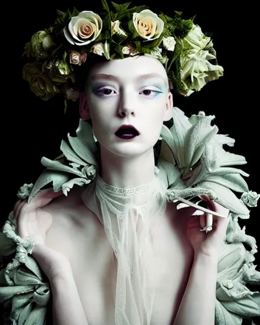 Prompt: dreamy surreal poetic photo of a beautiful young porcelain female-cyborg-vegetal with a very long neck and a super big gothic lace collar filled with dead flies and a very high big floral crown with many black dry roses by Vivienne Westwood:: smoke, high fashion, haute couture, rococo, avant-garde, elegant, dreamy, hyper realistic, 150 mm lens, soft rim light, octane render, unreal engine, picture was taken in 1910 by Dora Maar, volumetric lighting, dramatic light,8k,