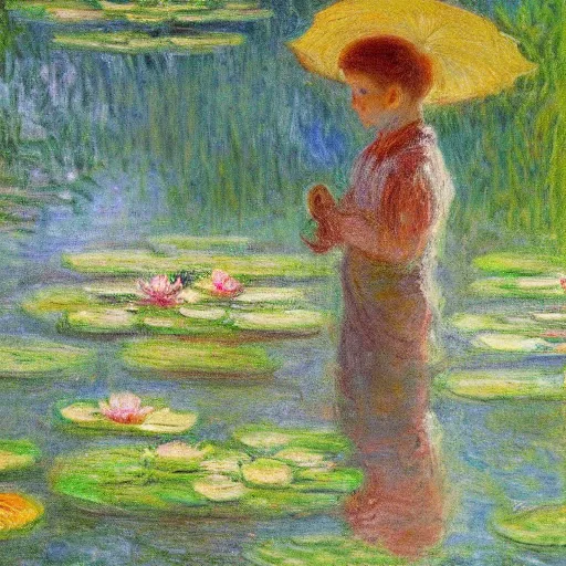 Image similar to in the style of Monet, a boy is Looking at the lotus in the lake,very high details, facial details