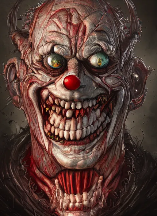 Image similar to evil horror clown, monster anatomy, ross tran, vivid colors, anatomical, highly detailed sculpture, intricate detailed, ommatidia, 8 k, cinematic atmosphere, post - processing