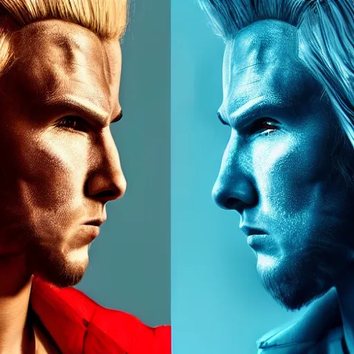 Prompt: portrait of a blonde masculine man two sides hair and thin face lines, he is angry, he wears a blue costume, with golden eagles head on the shoulders in shoulder pads, 8 k, hyper realistic, movie imax shot, film, cinematography, red