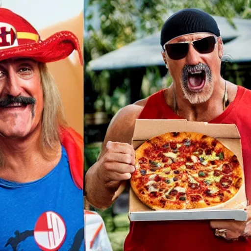 Prompt: hulk hogan eating pizza, riding a poodle