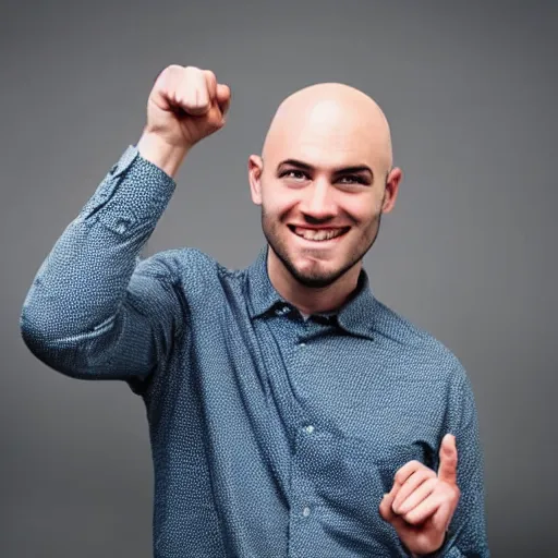 Image similar to a man with a bald head is holding his hand up to his mouth