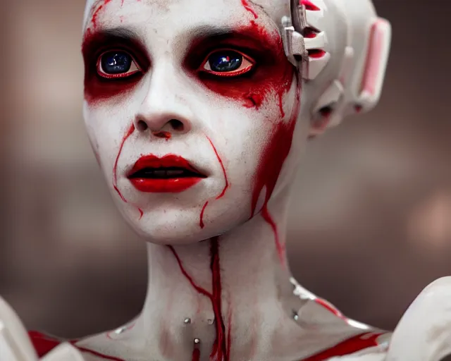 Prompt: a film still of a synthetic female human oracle wrapped in white cloth, beautiful, red eyes, tribal facepaint, neotokyo, cinematic lighting, high resolution, 4 k