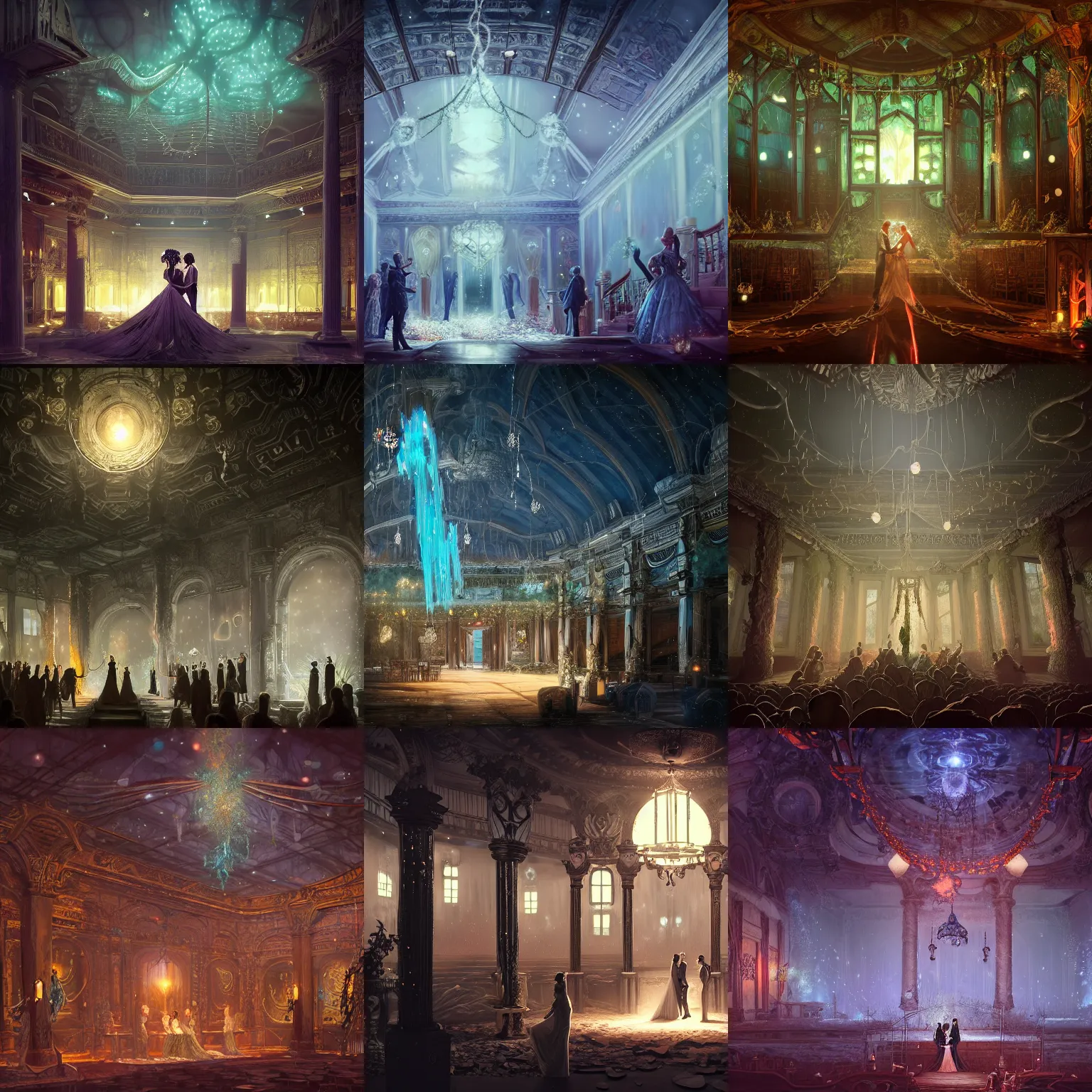 Prompt: wedding at a beautiful victorian dancehall with large pillars, lava streams, magma, icicles glass ceilings showing the stars, chains hanging from ceiling, light dust, by peter mohrbacher dan mumford craig mullins nekro, cgsociety, pixiv, volumetric light, 3 d render