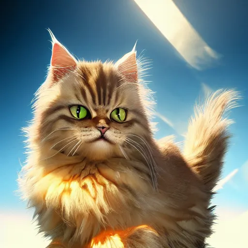 Image similar to colossal fluffy tabby cat going super saiyan, golden hour, fantasy, sharp focus, digital art, hyper realistic, 4 k, unreal engine, highly detailed, hd, dramatic lighting by brom, trending on artstation