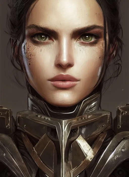 Image similar to a professional photographic portrait of an attractive young girl, partially clothed in battle armor, olive skin, long dark hair, beautiful bone structure, symmetrical facial features, intricate, elegant, digital painting, concept art, smooth, sharp focus, illustration, beautifully framed, from Metal Gear, in the style of Artgerm and Greg Rutkowski and William-Adolphe Bouguerea